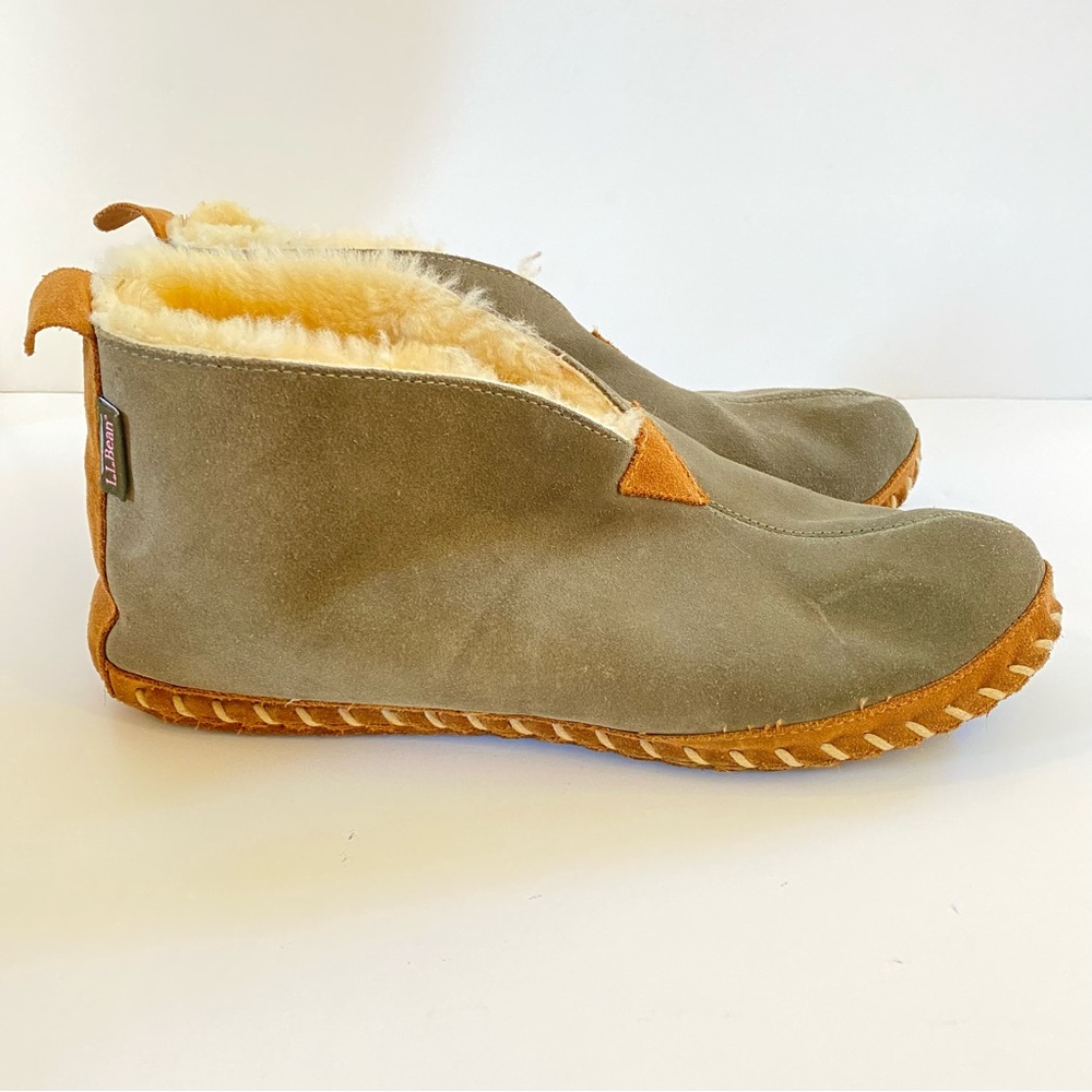 LL BEAN Men's Kelp Green Suede Wicked Good Shearling Lined Slipper Boots 14 M